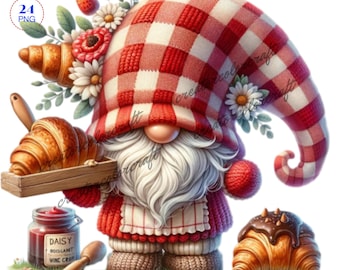Croissant Gnome Clipart, Fast Food Clipart, Summer gnome clipart, Camping food, Chef gnome, Pastry Gnome, Baked with love gnome, Chef gnome
