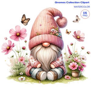 May include: A pink gnome with a white beard sits cross-legged in a field of pink flowers. The gnome is wearing a pink knitted hat with a white pom-pom and a pink sweater with a floral pattern. There are butterflies flying around the gnome.