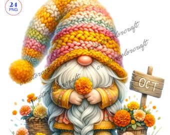 Birth Month Flower Gnome Watercolor Clipart, Birth Month Flower, Marigold Gnomes, Flowers Gnomes, Garden clipart, Spring gnome, Summer Gnome