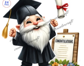 Watercolor Graduation Gnome Clipart PNG, Digital Download, Card Making, Mixed Media, Digital Paper Craft, Watercolor clipart, Commercial Use