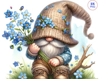 Forget Me Not Flower Gnome clipart, bundle Png, Garden clipart, Spring gnome png, Gnome With Flowers, Summer gnome png, Sublimation Designs