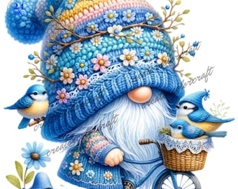Gnomes and Bird Clipart, Bird Gnome, Digital Download, Animal Farm Gnome, Fur Mama Gnome,Pet Lover,Digital Paper Craft,Gnome Garden,Blue Jay