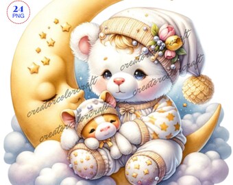 Sleeping Teddy Bear Clipart, Gnome Clip Art PNG Watercolor, Junk Journal, Card Making Gift Tag, Digital Images Sublimation Printable, Kids