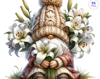 Lily Flower Gnome clipart, bundle Png, Garden clipart, Spring gnome png, Gnome With Flowers, Summer gnome png, Sublimation Designs