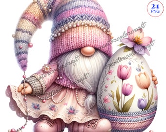 Clipart de nain de Pâques, clipart de jardin, graphiques png de nain de printemps, sublimation de nain, clipart de Pâques aquarelle aquarelle, nain avec des fleurs