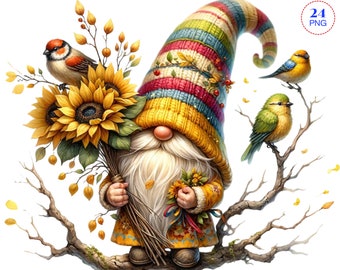 Sunflower Gnome Clipart, Watercolor Spring Garden PNG (Digital Download)