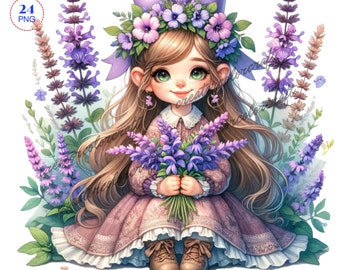 Salvia Gnome clipart, bundle Png, Garden clipart, Spring gnome png, Gnome With Flowers, Summer gnome, Sublimation Designs,Girl Gnome clipart