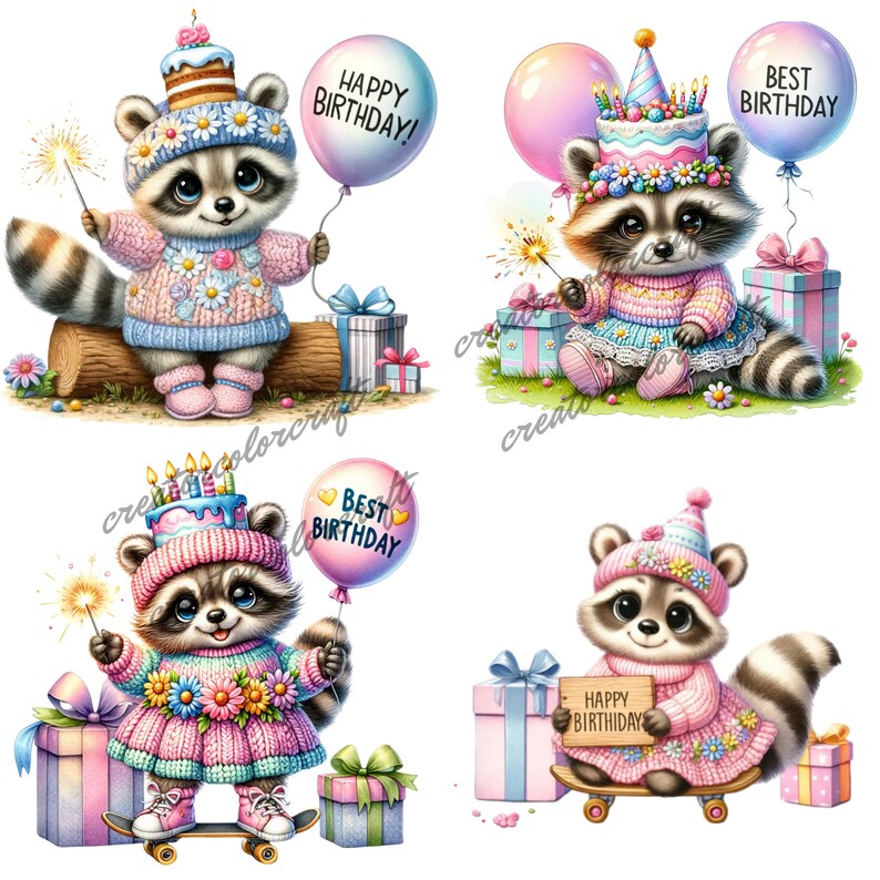 Birthday Raccoon Clipart, Happy Birthday Gnome, Junk Journal, Card ...