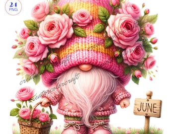 Birth Month Flower Gnome Watercolor Clipart, Birth Month Flower, Rose Gnomes, Flowers Gnomes,  Spring gnome png,Valentines Gnome Clipart,Kid
