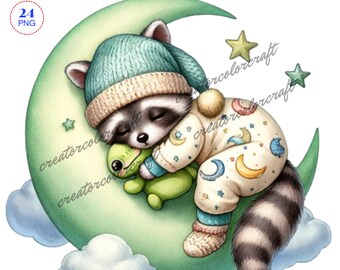 Clipart raton laveur endormi, nain Clip Art PNG aquarelle, journal indésirable, fabrication de cartes étiquette cadeau, images numériques sublimation imprimable, sublimation