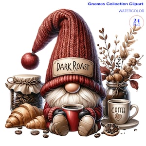 Imágenes Prediseñadas de gnomo de café, gnomo de acuarela, paquete de imágenes prediseñadas de acuarela, descarga instantánea, álbum de recortes, diario basura, scrapbooking de artesanías de papel