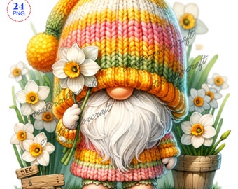 Birth Month Flower Gnome Watercolor Clipart, Birth Month Flower, Narcissus Gnomes, Flowers Gnomes, Garden clipart, Spring gnome,Summer Gnome