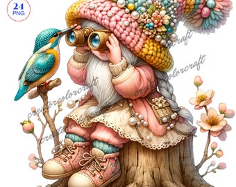 watercolor clipart, Bird Gnome, Birdwatching Gnome, Spring activities or spring ,Flower, gnomes sublimation, fantasy floral, Gnome garden
