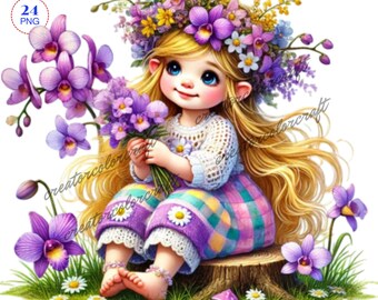 Orchid Gnomes Clipart Bundle, Garden clipart, Spring gnome png, Gnome With Flowers, flower gnome, Sublimation Designs,Girl Gnome clipart,Kid