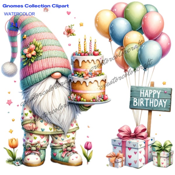 Birthday Gnome Clipart, Happy Birthday Gnome, Junk Journal, Card Making, Gift Tag, Teacher Shirt, Digital Images Sublimation Printable, Kids