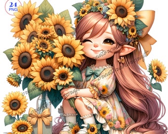 Sunflower Gnome clipart, bundle Png, Garden clipart, Spring gnome png,Gnome With Flowers,Summer gnome,Sublimation Designs,Girl Gnome clipart