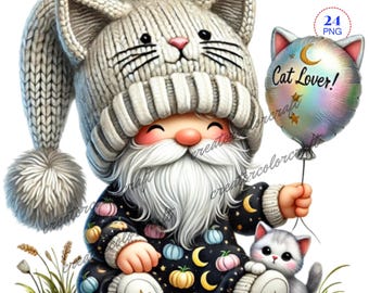 Cat Lover Gnome Clipart, Cat Png, Digital Download, Animal Farm Gnome, Fur Mama Gnome, Pet Lover, Kitten png,Digital Paper Craft,Nursery,Kid
