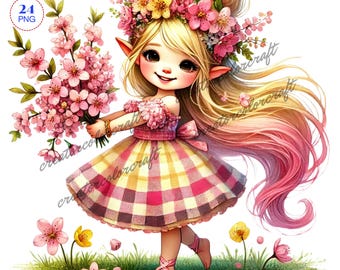 Pink Cherry Blossom Gnome clipart, bundle Png, Garden clipart, Spring gnome png, Gnome With Flowers, Summer gnome, Girl Gnome clipart, Kids