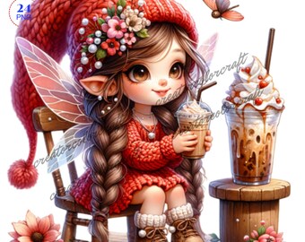 Coffee Gnome Clipart, fairy gnome clipart, Watercolor Gnome, Watercolor clipart bundle, Instant Download, Scrapbook, girl gnome clipart,kids