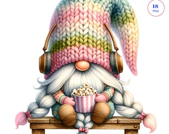 Watercolor Popcorn Gnome Clipart, 18 PNG Digital Images (300 DPI)