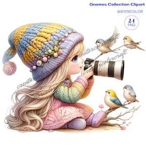 aquarel clipart, Bird Gnome, Birdwatching Gnome, Lenteactiviteiten, meisje gnome clipart, kabouters sublimatie, fantasie bloemen, Gnome tuin