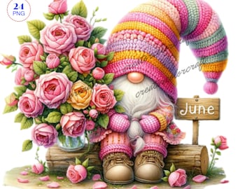 Birth Month Flower Gnome Watercolor Clipart, Rose Gnomes, Flowers Gnomes, Garden clipart, Valentines Gnome Clipart, summer gnome clipart,Kid