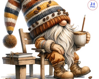 Coffee Gnome Clipart, Watercolor Gnome, Watercolor clipart bundle, Instant Download, Scrapbook, Junk Journal, Paper Crafts Scrapbooking