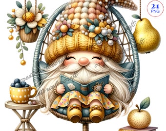 Reading Clipart, Cute gnomes clipart, Read Book Clipart, Planner, Invitation, Sublimation, Watercolor Reading Gnomes, Reading a Book Gnomes