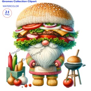 Imágenes prediseñadas de gnomo de hamburguesa, imágenes prediseñadas de comida rápida, imágenes prediseñadas de gnomo de verano, comida de camping, gnomo chef, gnomo de la naturaleza, gnomo horneado con amor, gnomo chef, niño