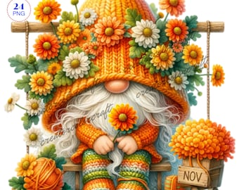 Birth Month Flower Gnome Watercolor Clipart, Birth Month Flower, Chrysanthemum Gnomes, Flowers Gnomes, Garden clipart, Spring gnome, Kids