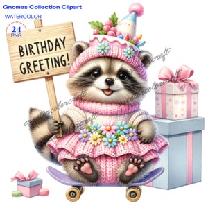 Birthday Raccoon Clipart, Happy Birthday Gnome, Junk Journal, Card Making, Gift Tag, Teacher Shirt,Digital Images Sublimation Printable,Kids
