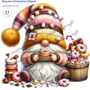 Imágenes prediseñadas de gnomo de donut, imágenes prediseñadas de donuts, imágenes prediseñadas de gnomo de verano, comida de camping, gnomo chef, clip art de gnomo de la naturaleza, gnomo horneado con amor, gnomo dulce