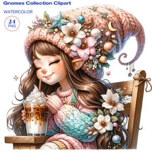 Imágenes Prediseñadas de gnomo de café, gnomo de acuarela, paquete de imágenes prediseñadas de acuarela, descarga instantánea, álbum de recortes, imágenes prediseñadas de gnomo de niña, manualidades de papel Scrapbooking