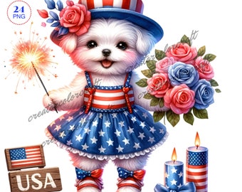 Vaterländischen Clipart, 4. Juli Clipart, Hund Clipart, Vaterländischen Hund Clipart, Junk-Journal, Kartenherstellung, Kinder-Shirt-Party Sublimation druckbar