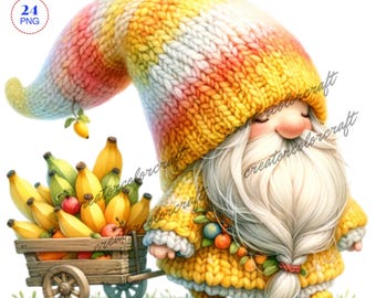Banana Gnome Clipart, Banana Gnome png graphics, Garden Clipart,Spring gnome png,Gnome With Flowers,Summer gnome png,Junk Journal,Chef gnome