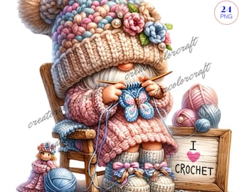 Knitting Clipart, Crochet Clipart, Gnome Clip Art, Gnome sublimation, Junk Journal, Card Making, Needlework Teacher, Sublimation Printable