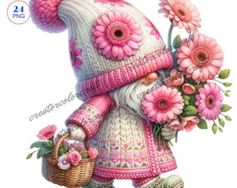 Gerbera Gnome clipart, bundle Png, Garden clipart, Spring gnome png, Gnome With Flowers, Summer gnome png, Sublimation Designs, Card Making
