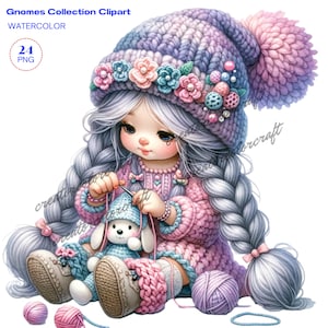 Stricken Clipart, häkeln Clipart, Gnom Clip Art, Gnom Mädchen Clipart, Junk Journal, Kartenherstellung, Handarbeit Lehrer, Sublimation druckbar