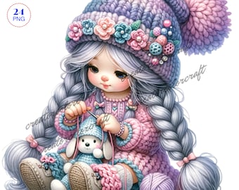 Knitting Clipart, Crochet Clipart, Gnome Clip Art, Girl Gnome Clipart, Junk Journal, Card Making, Needlework Teacher, Sublimation Printable