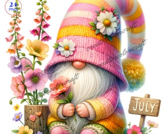 Birth Month Flower Gnome Watercolor Clipart, Birth Month Flower, Larkspur Gnomes, Flowers Gnomes, Garden clipart, Spring gnome, Summer Gnome