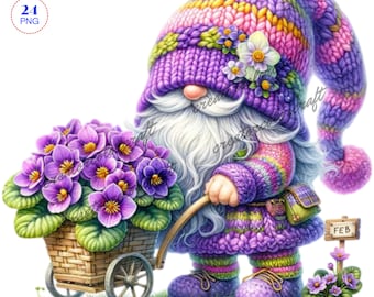 誕生月の花のノームの水彩画のクリップアート、誕生月の花、すみれ色のノームのクリップアート、花のノームの PNG、庭のクリップアート、春のノームの PNG