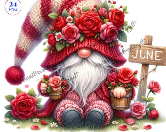 Birth Month Flower Gnome Watercolor Clipart,Rose Gnomes,Flowers Gnomes,Garden clipart,Spring gnome png,Valentines Gnome clipart,Summer gnome