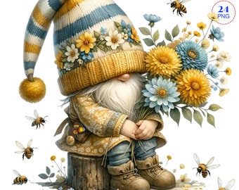 Bee Gnome clipart, Gnome clipart, Spring gnome png graphics, Spring sublimation, Transparent background, Commercial Use, Garden clipart