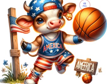 Patriotic Clipart, 4th of July Clipart, Cow Clip Art, 10 PNG Watercolor, Junk Journal, Card Making, Kids Shirt Party Sublimation Printable