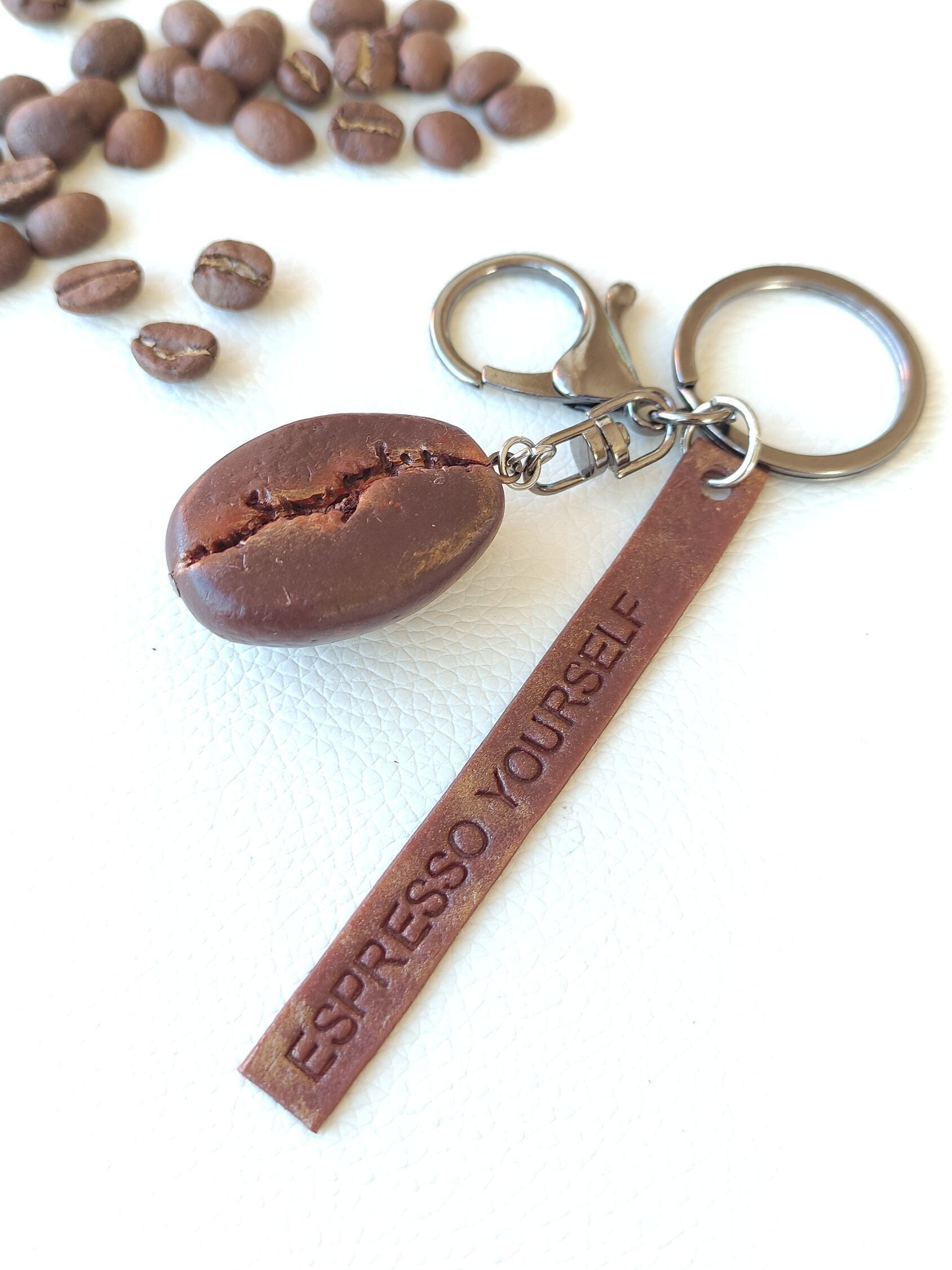 Handmade personalized keychain, Coffee bean bag charm, Gift for colleague, Birthday gift, Gift for Him, gift for friend, Unique gift for her