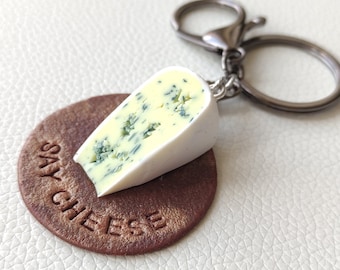 Handmade blue cheese keychain, cheese bag charm, Gift for a photographer, Mood booster gift, Gift for colleague, Gift for friend, Fun gift