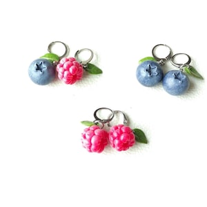 May include: A pair of earrings featuring a blueberry and raspberry design. The earrings are made of polymer clay and have silver hooks.