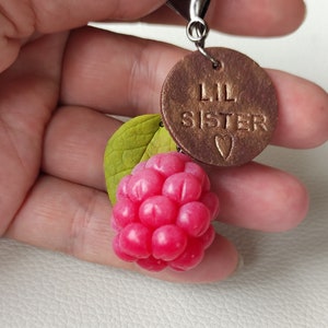May include: A charm with a pink raspberry, a green leaf, and a brown circle with the text "Lil Sister" and a heart.