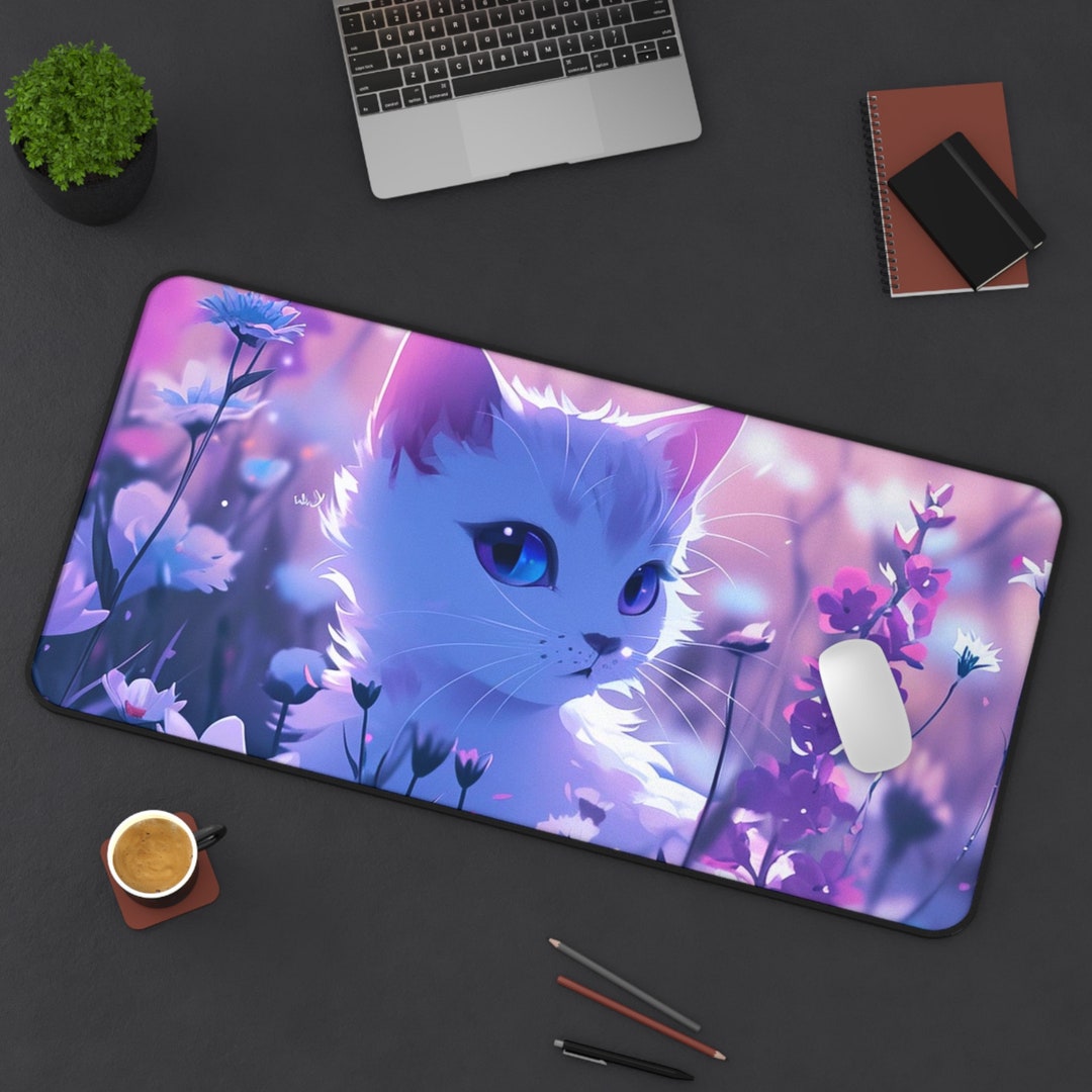 Cute Cat Large Desk Mat, Cute Desk Mat, Purple Desk Mat, Anime Gaming