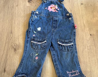 Peto vaquero vintage de Strawberry Shortcake, talla 18 meses, estilo años 2000, raro, color rosa.